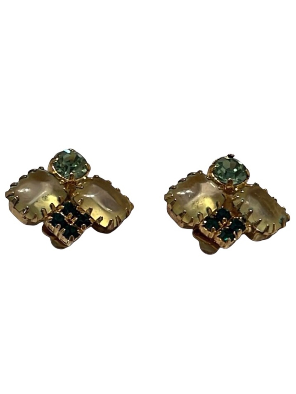 Vintage Art Deco Emerald Green and Clear Stone CLIP Earrings